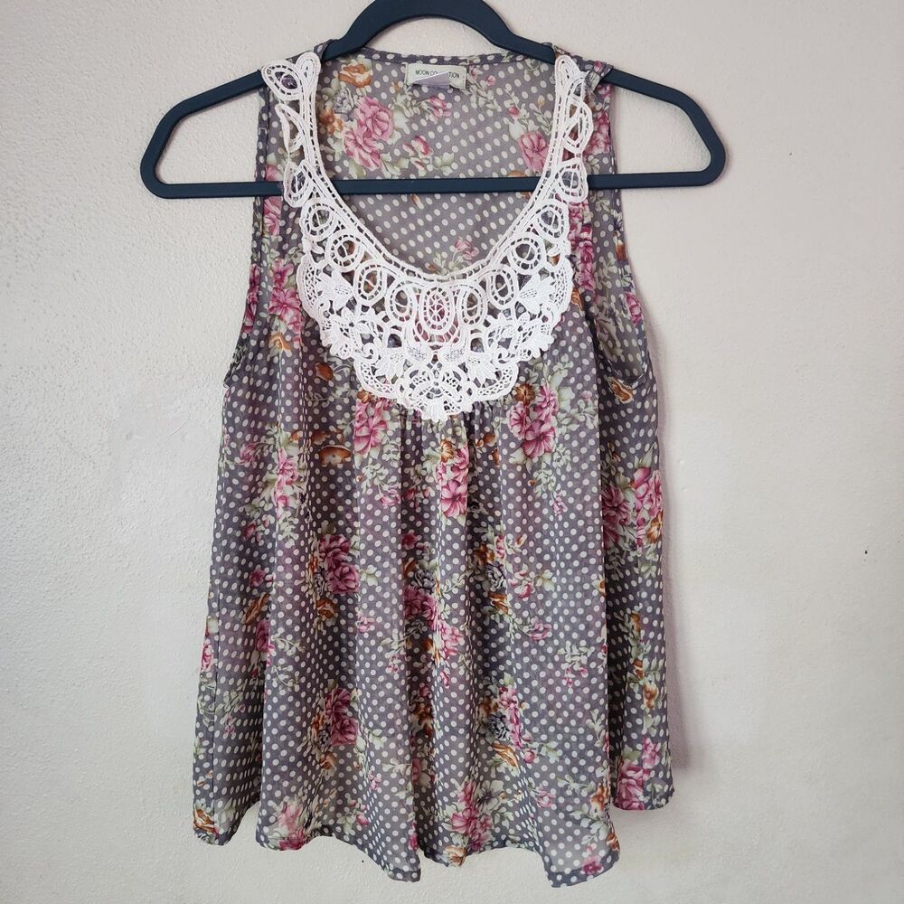 Cottagecore Moon Collection Floral Dot Blouse - Shabby Chic Lace Collar Tank M